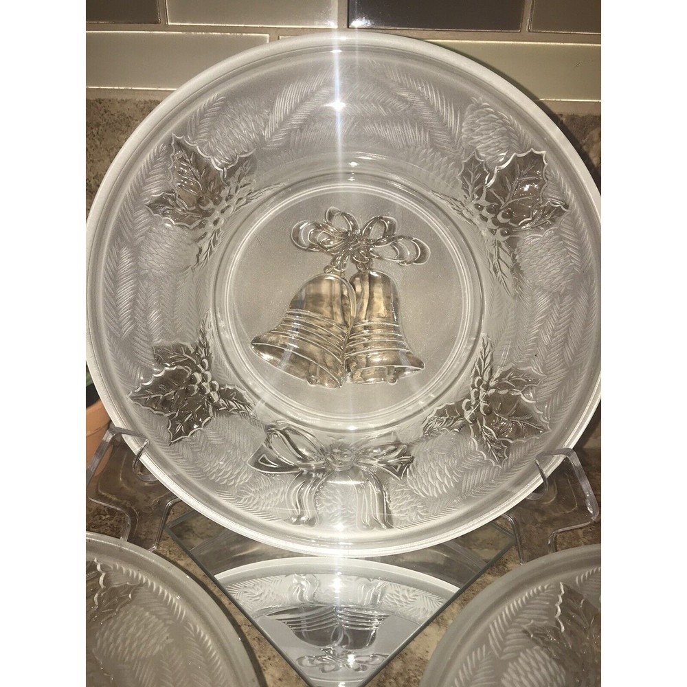 Vintage Christmas Bell Bowls KIG Indonesia  Pressed Glass Lot of 4 Clear Set